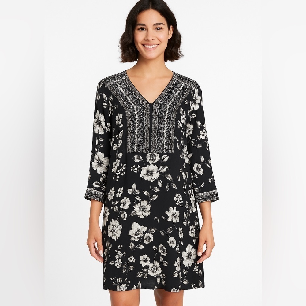 Garnet Hill Boho Black & White Floral Dress | Size Medium | Fully Lined